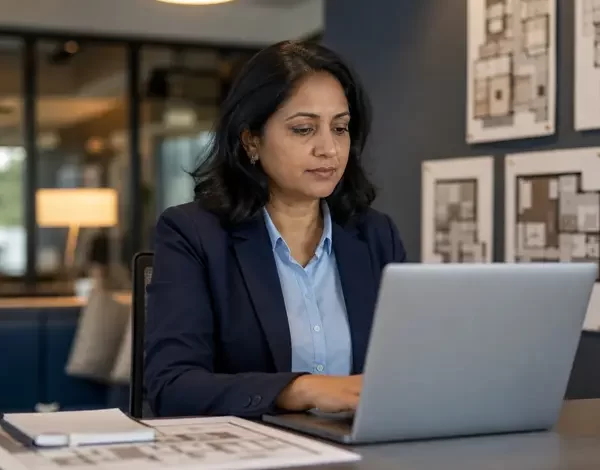 A property manager works on a laptop in a modern leasing office with apartment floor plans pinned on the wall.
