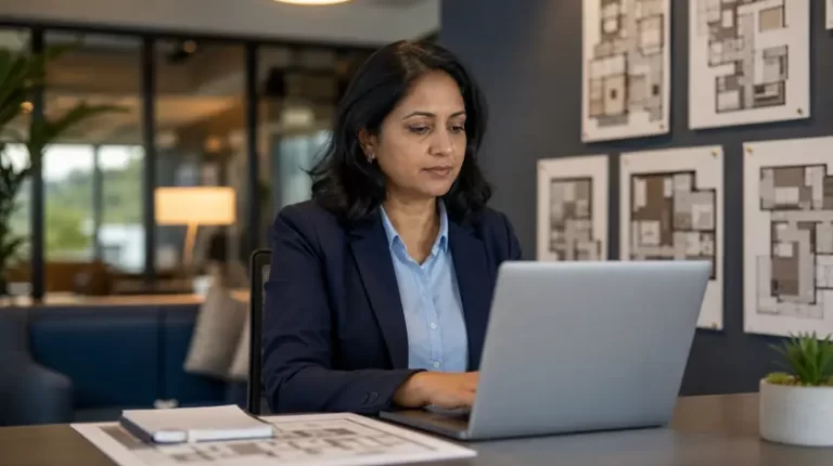 A property manager works on a laptop in a modern leasing office with apartment floor plans pinned on the wall.