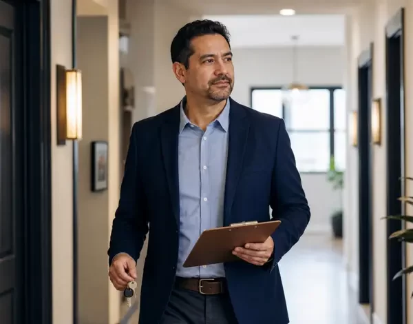 A property manager walks through a bright apartment building hallway holding a clipboard and keys.