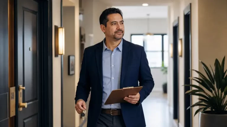 A property manager walks through a bright apartment building hallway holding a clipboard and keys.