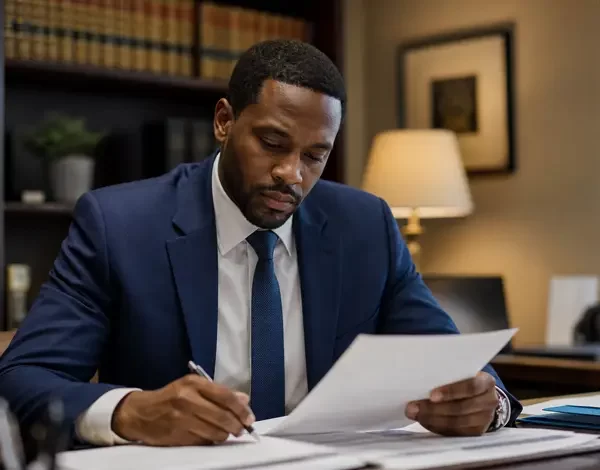 An attorney reviews documents at a desk in a small law office with shelves of legal volumes behind him.