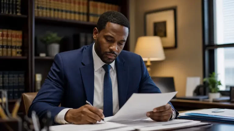 An attorney reviews documents at a desk in a small law office with shelves of legal volumes behind him.