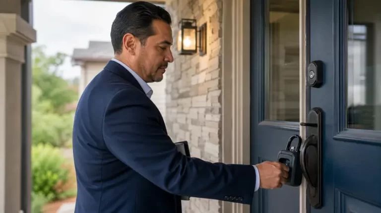 A real estate agent opens a lockbox on the front door of a listed home.