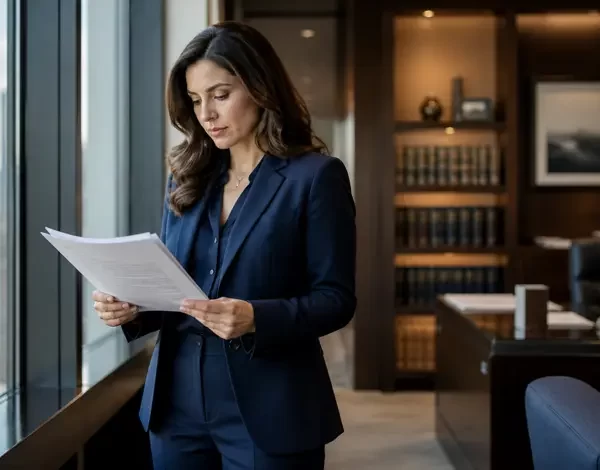An attorney reads a printed legal brief beside a large window in a modern law office.