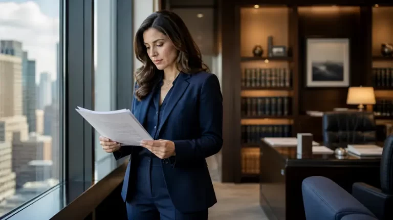 An attorney reads a printed legal brief beside a large window in a modern law office.
