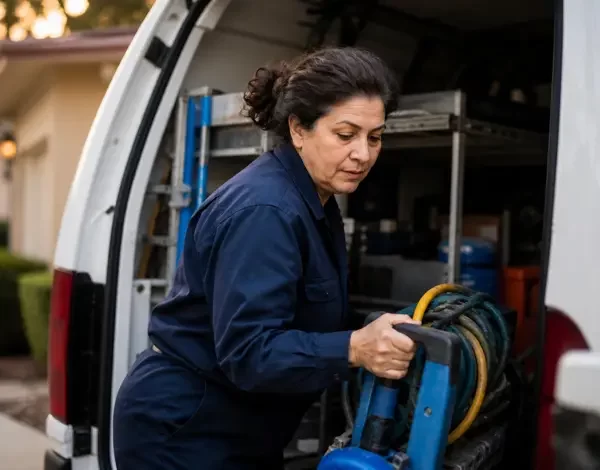 An HVAC technician loads professional equipment into the back of a white service van in a residential driveway.