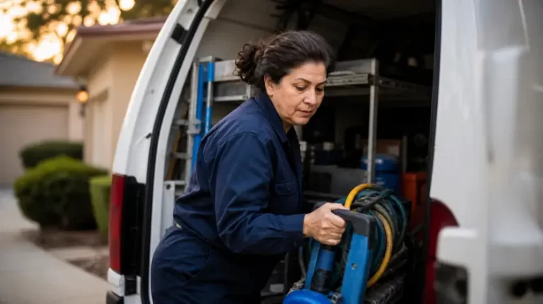 An HVAC technician loads professional equipment into the back of a white service van in a residential driveway.