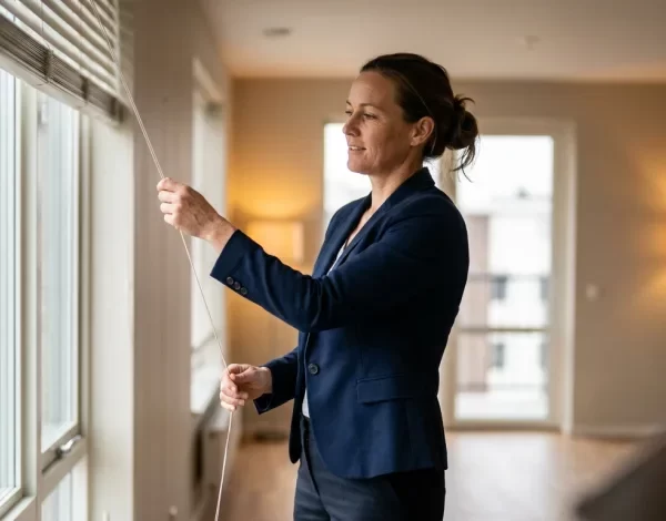 A 30-something woman, a property manager, showing a bright empty apartment unit and adjusting the window blinds.