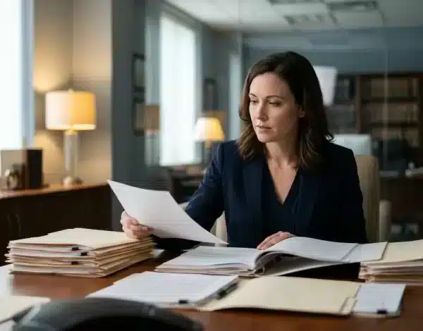 A 30-something woman, an attorney, working through a stack of legal files at a conference table in a law office.