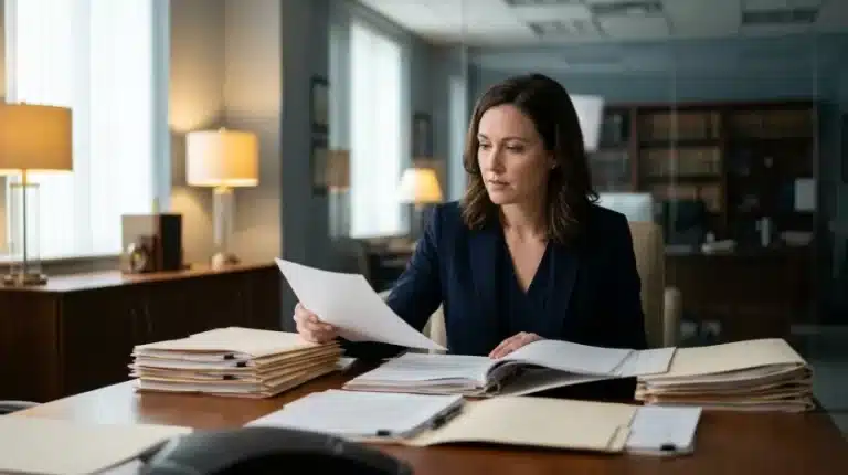 A 30-something woman, an attorney, working through a stack of legal files at a conference table in a law office.