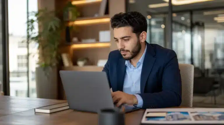 A 20-something Middle Eastern man, a real estate agent, reviewing property listings on a laptop in a bright brokerage office.