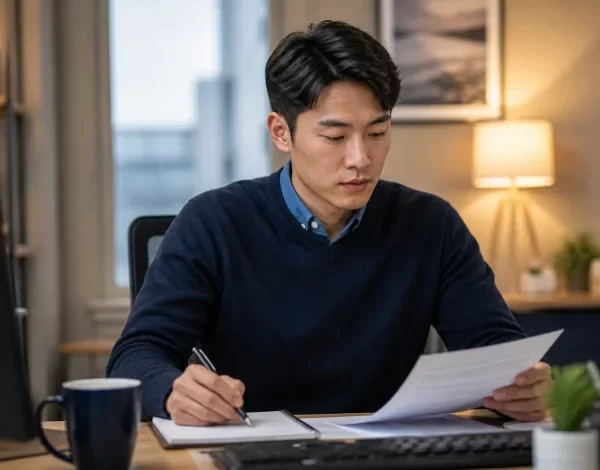 A 20-something Asian man, a property manager, working at a desk with dual monitors in a small leasing office.