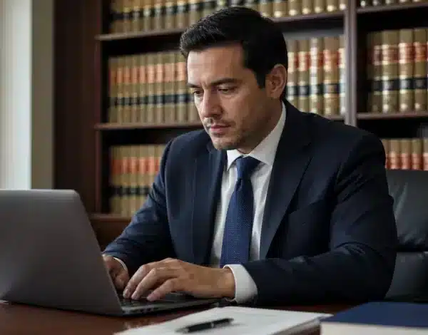 A 30-something Hispanic man, an attorney, typing on a laptop at a desk with shelves of legal books behind.