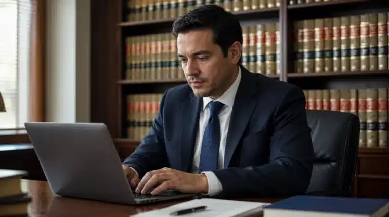 A 30-something Hispanic man, an attorney, typing on a laptop at a desk with shelves of legal books behind.