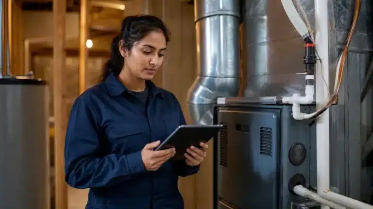 A 20-something South Asian woman, an HVAC technician, reviewing a job ticket on a tablet next to a furnace in a basement utility room.