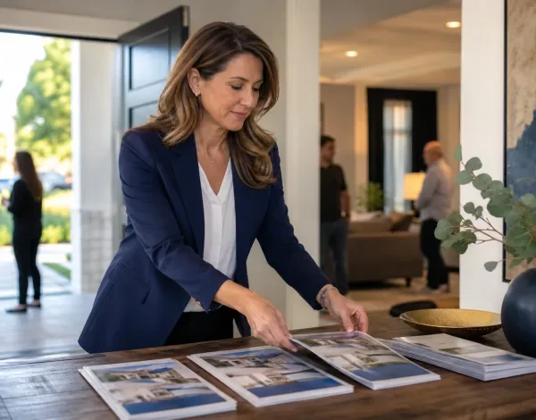 A 40-something woman, a real estate agent, arranging brochures on an entryway table at an open house.