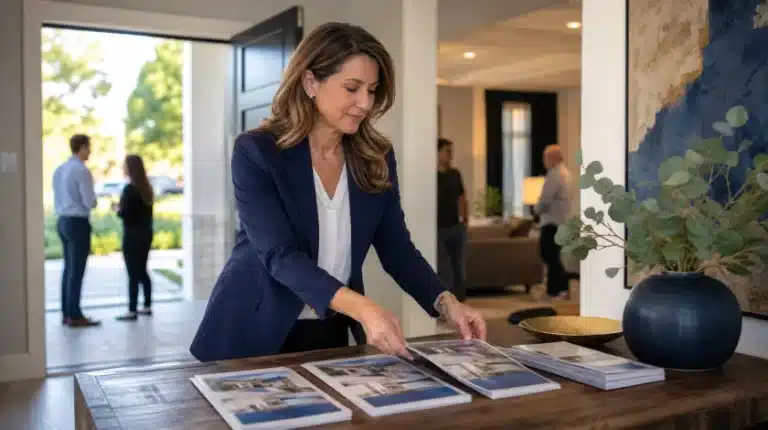 A 40-something woman, a real estate agent, arranging brochures on an entryway table at an open house.