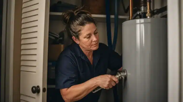 A 40-something woman, a plumber, installing a water heater in a utility closet, wrench in hand.