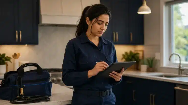 A 20-something Middle Eastern woman, a pest control technician, filling out a service report on a tablet in a customer's kitchen, equipment bag nearby.