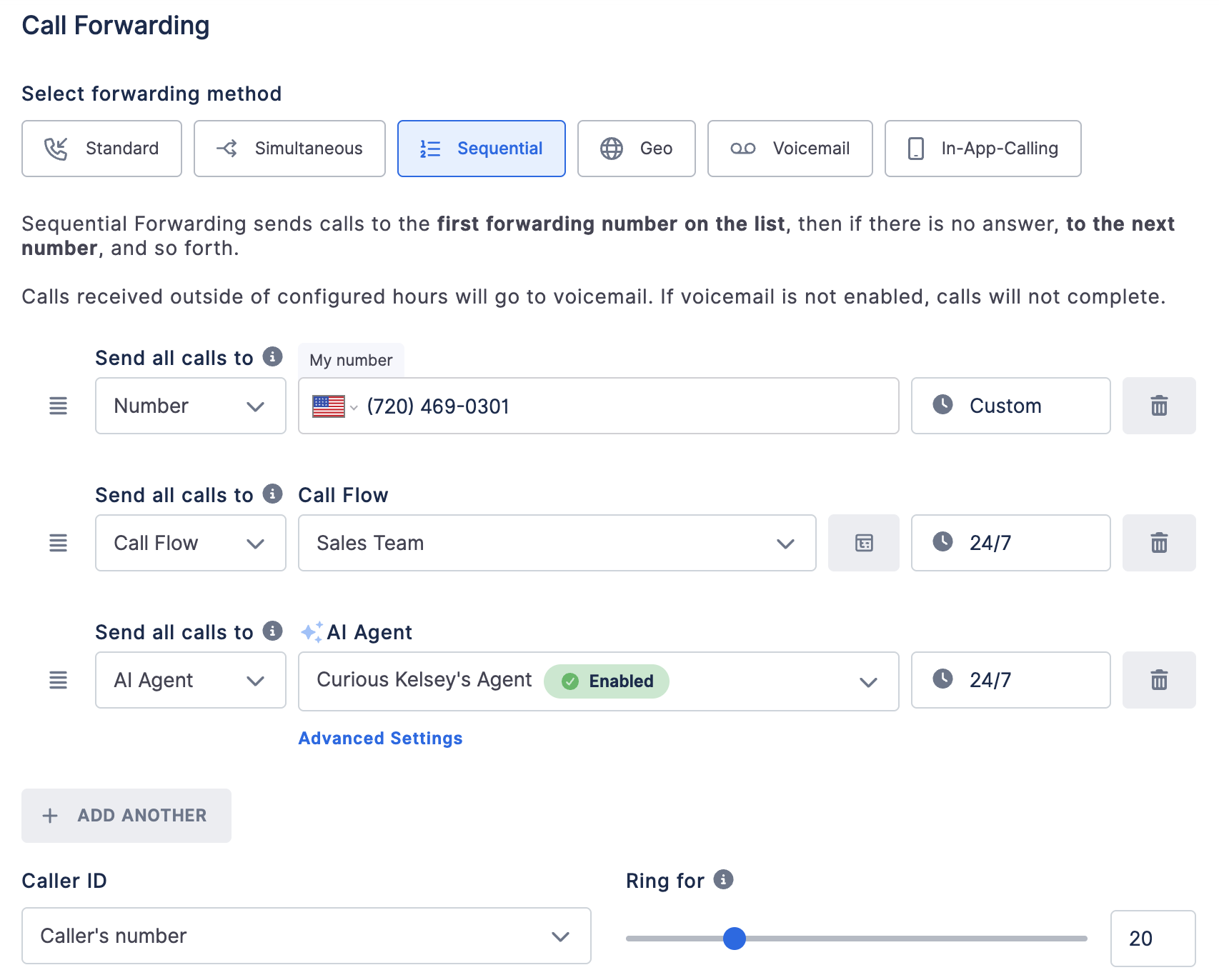 A call forwarding flow set up in 800.com, with one phone ringing first, then a sales team blast, then an AI agent last.