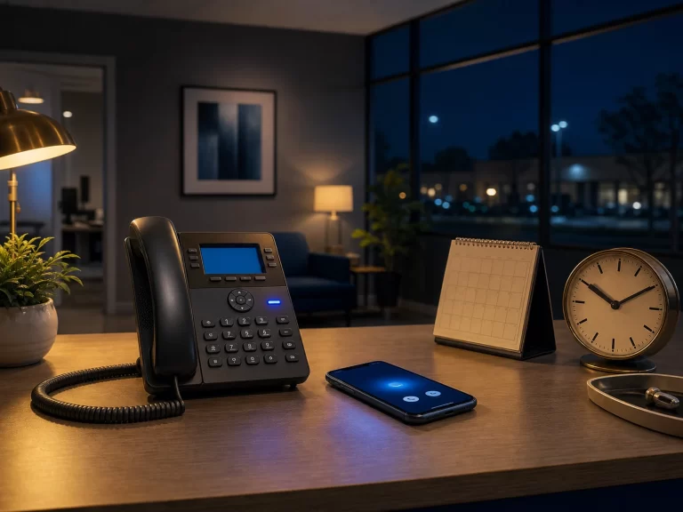Business phones on a reception desk in an empty office at night, with a clock and calendar showing after-hours coverage.