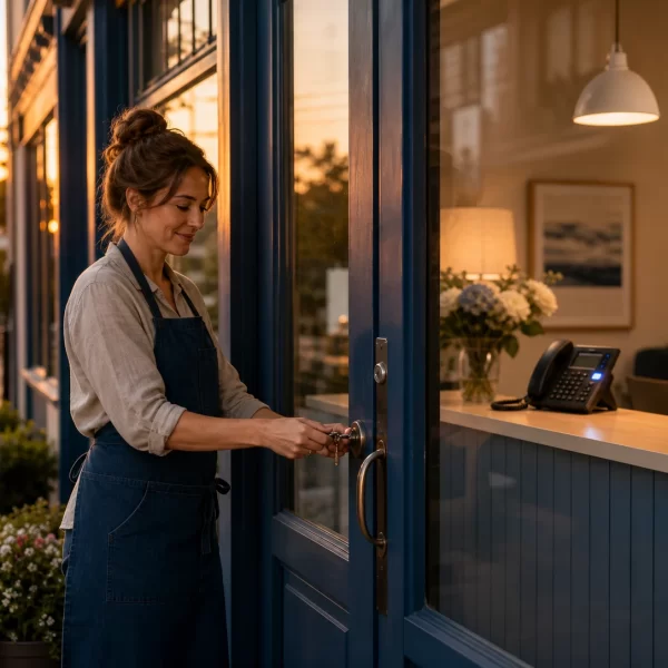 A small-business owner locks a storefront at sunset while the reception phone remains active inside.