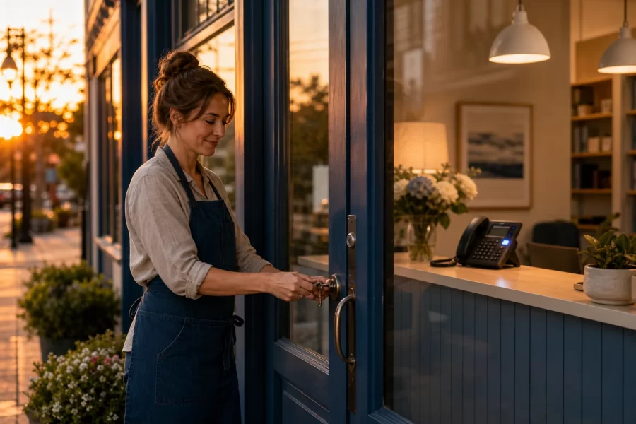 A small-business owner locks a storefront at sunset while the reception phone remains active inside.