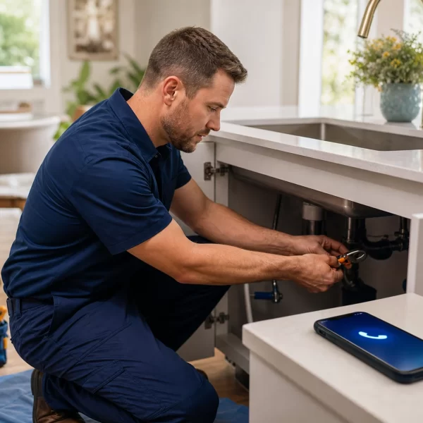 A home-service technician repairs plumbing beneath a sink while a smartphone handles an incoming call.