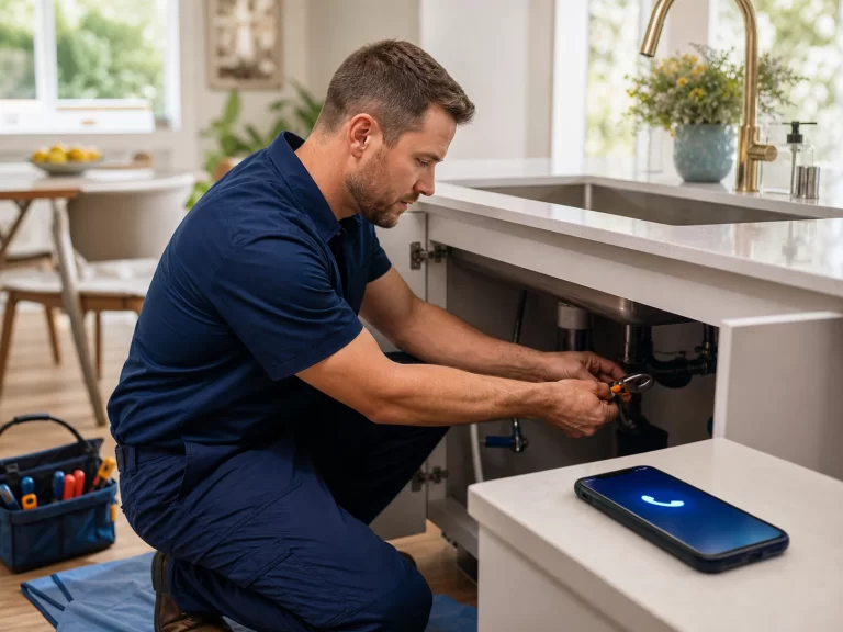 A home-service technician repairs plumbing beneath a sink while a smartphone handles an incoming call.
