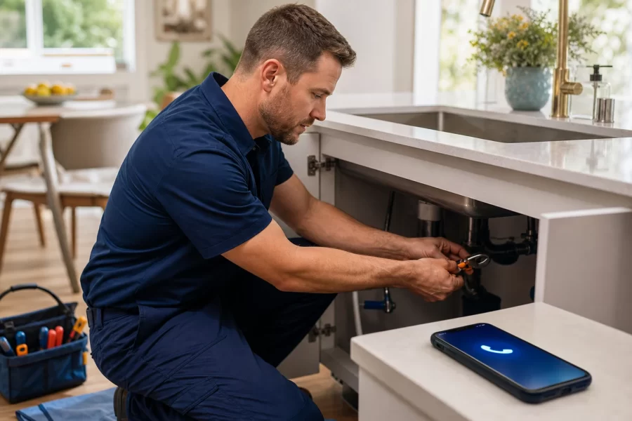 A home-service technician repairs plumbing beneath a sink while a smartphone handles an incoming call.