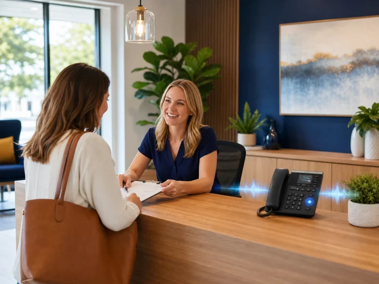 A receptionist helps a visitor while an AI-enabled business phone handles another call.