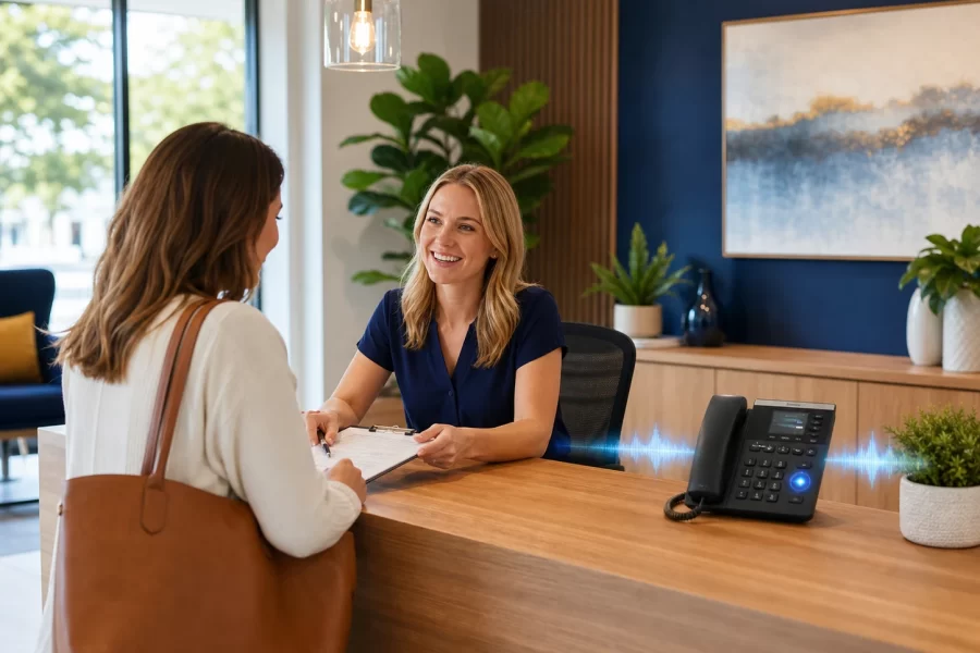 A receptionist helps a visitor while an AI-enabled business phone handles another call.