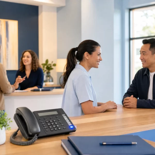 Customers from different backgrounds receive help in a welcoming reception area with an active business phone.