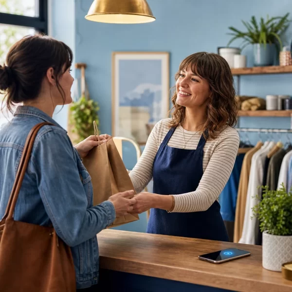 A retail business owner helps a customer while a smartphone on the counter handles an incoming call.