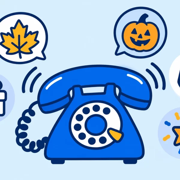 Blue ringing phone surrounded by a fall leaf, pumpkin, gift, dreidel, and celebration star.