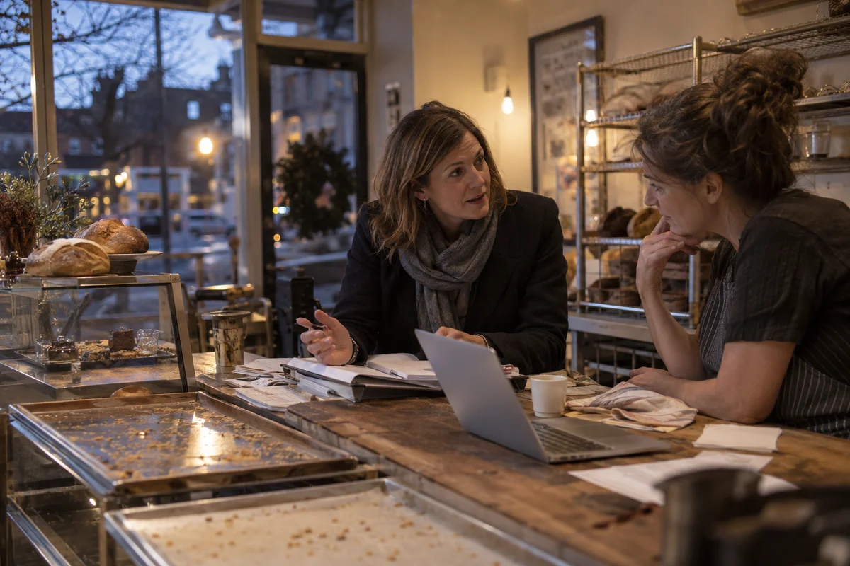 An accountant and a bakery owner discuss paperwork at the shop counter after closing.