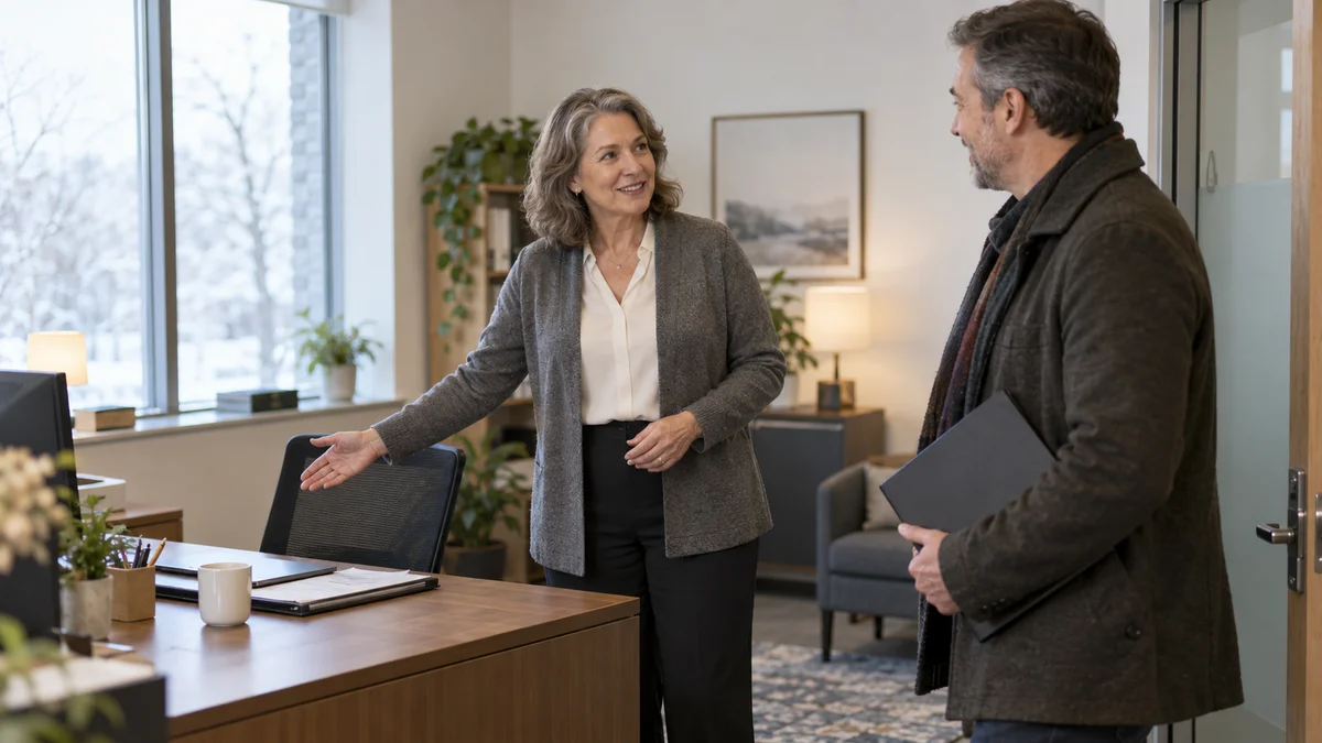 An accountant welcomes a business owner carrying a document folder into her office.