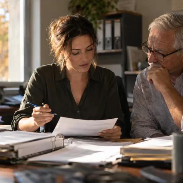 Two accountants review paper files together at a desk in autumn afternoon light.