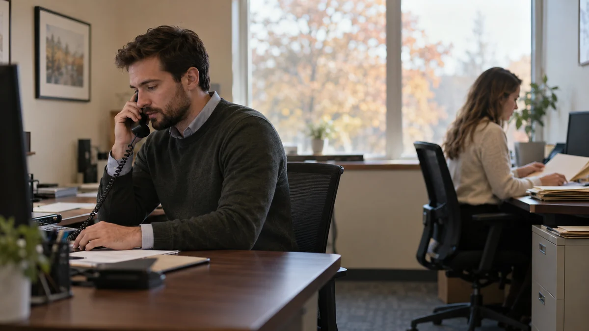 An office coordinator answers a desk phone while an accountant works nearby.
