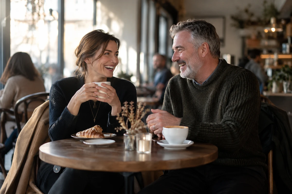 An agency owner and a bakery owner laugh together at a café table with coats on their chairs.