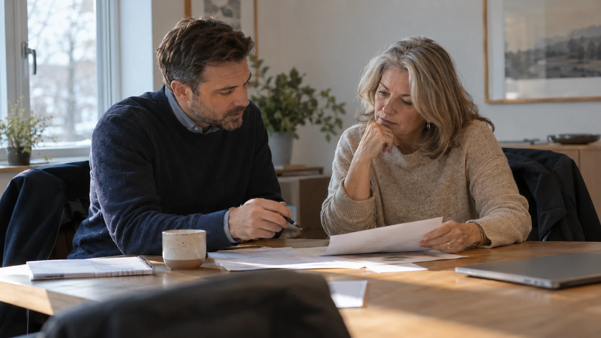 An agency owner and a business owner review papers together at a meeting table in winter daylight.