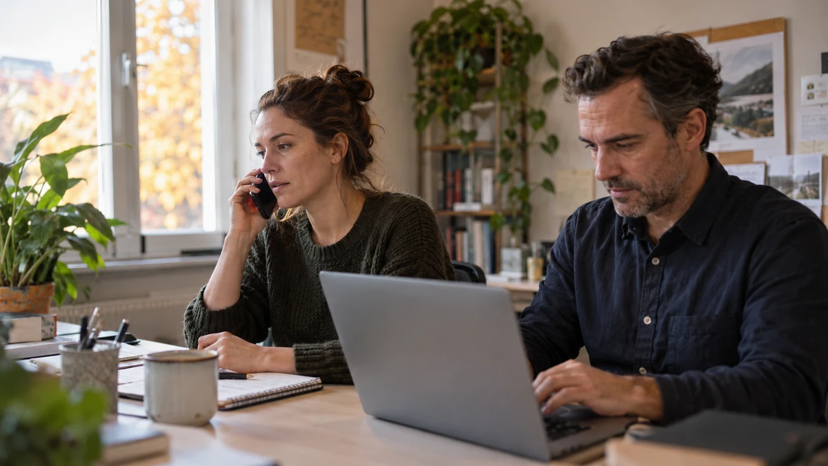 An agency coordinator makes a phone call while her colleague looks at a laptop in an autumn-lit office.