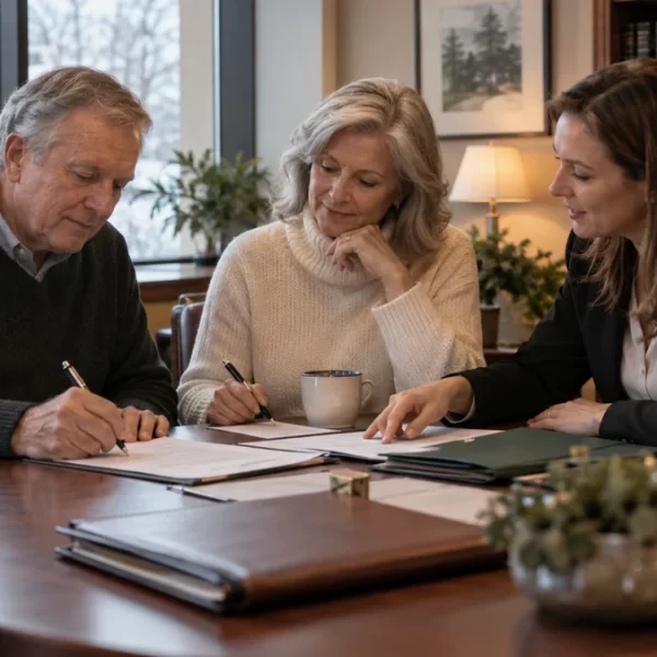 An older couple signs documents with a woman attorney at a round table in a winter office.