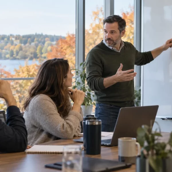 A consultant discusses boxes and arrows on a whiteboard with two clients in an autumn-lit conference room.