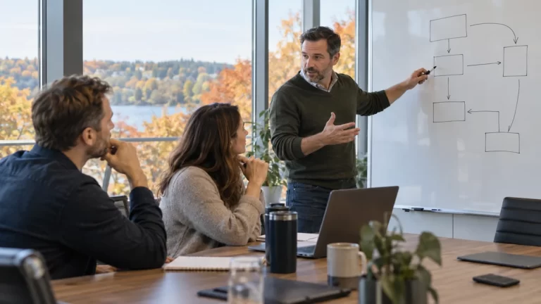 A consultant discusses boxes and arrows on a whiteboard with two clients in an autumn-lit conference room.