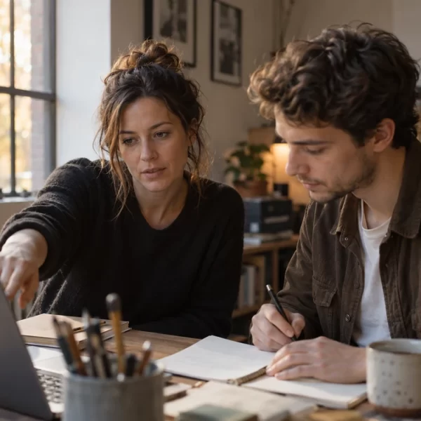 Two agency colleagues review a laptop and take notes in an autumn-lit loft office.
