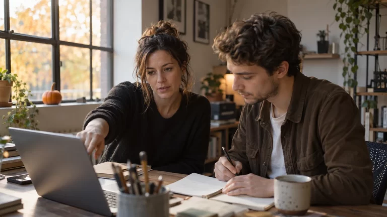 Two agency colleagues review a laptop and take notes in an autumn-lit loft office.