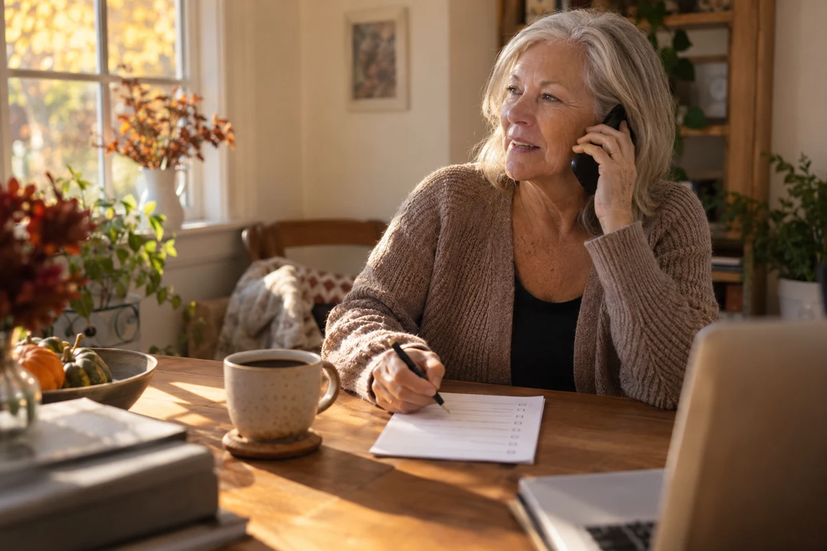A retired woman speaks on the phone beside a checklist and coffee at her home desk.