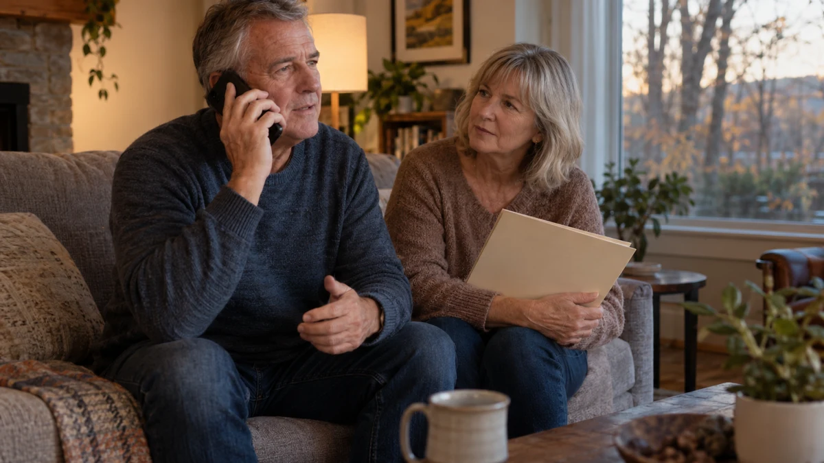 A man makes a phone call beside his partner, who holds a folder in their living room.