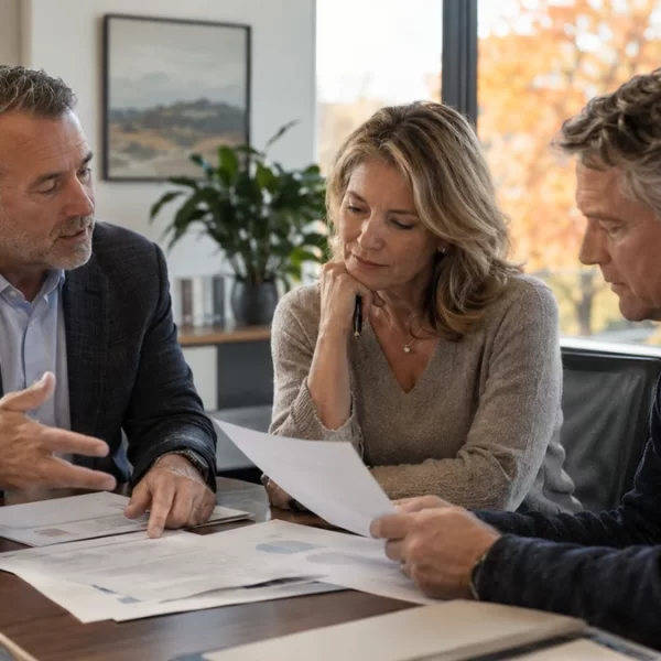 A financial advisor reviews printed pages with a couple in a bright office with autumn trees outside.